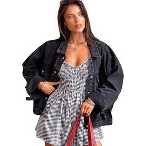 Justalwart Jean Jacket Women Oversized Black Denim Jacket (L, Black washed)